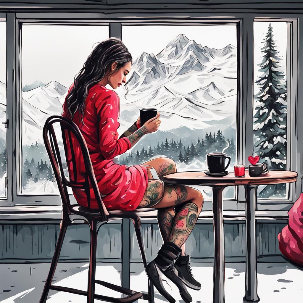 Tattooed Girl in Cafe with Mountain View, 8K