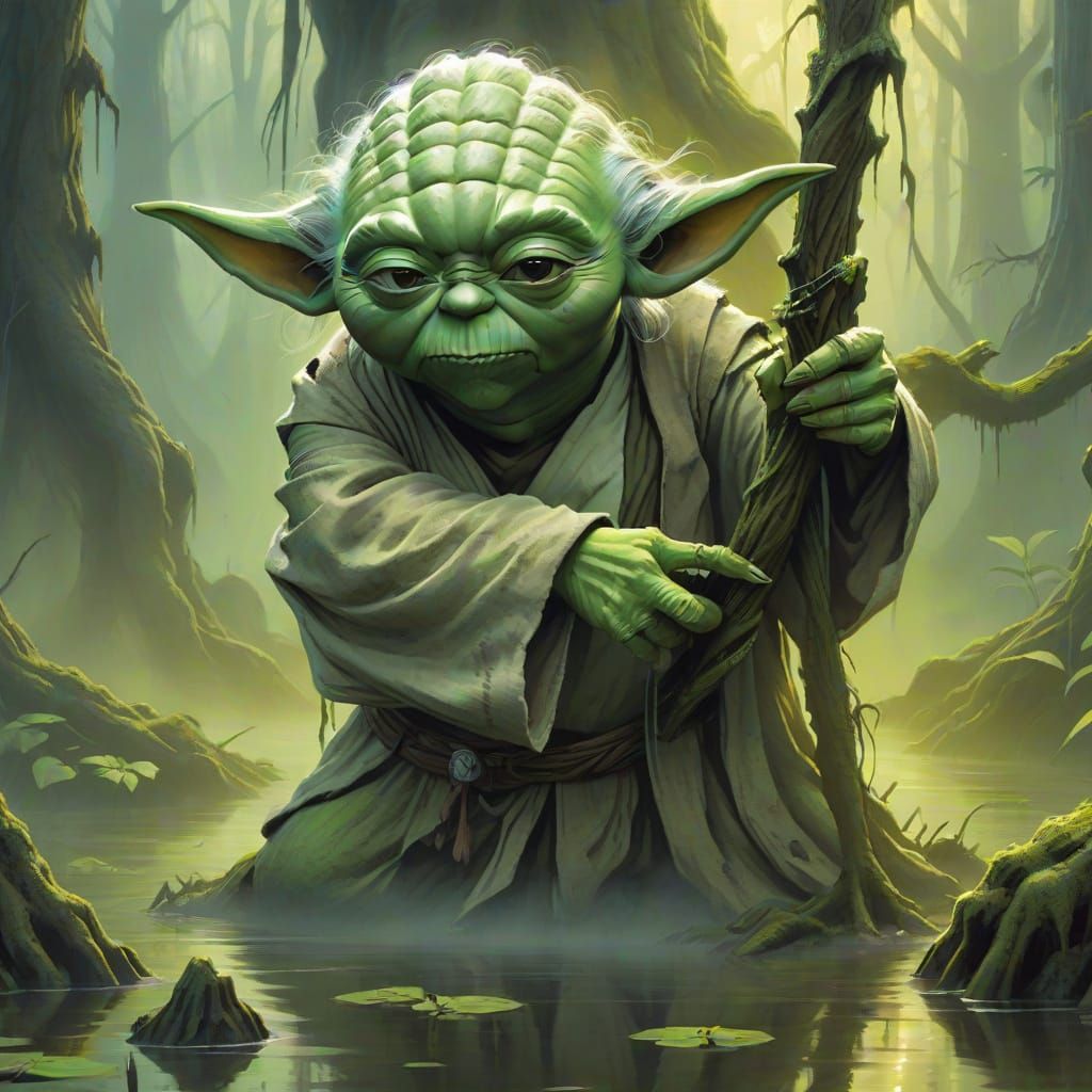 Yoda in Misty Swamp, Vibrant Gouache Style