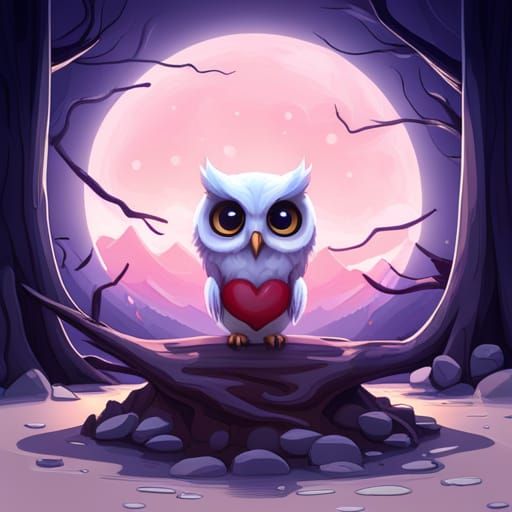 Chibi Owl Holding Heart: Detailed Matte Painting