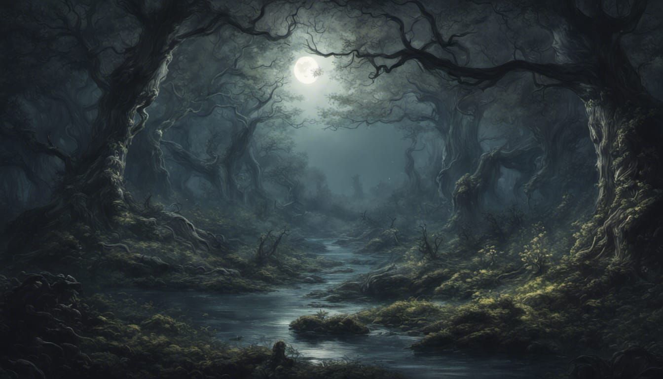 Mystical Forest Glade in Moonlight