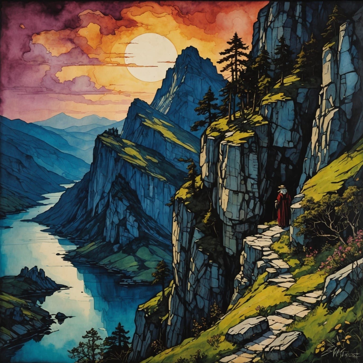 Sunset Cliffside Alcohol Ink Art Inspired by Rackham