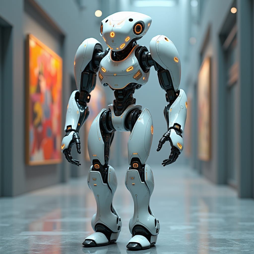Abstract Robot Art in Futuristic Gallery