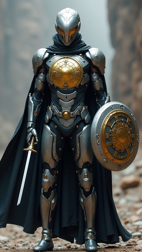 Cyborg Hero with Samurai Sword and Shield