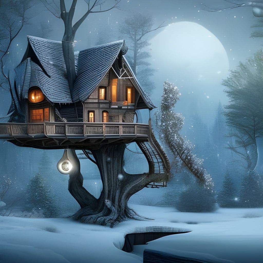 Winter Treehouse Mansion in Moonlight