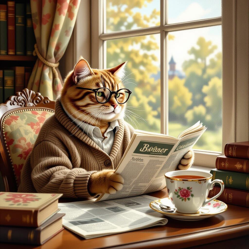 A Boomer cat enjoys a newspaper by the window with a cup of tea nearby.