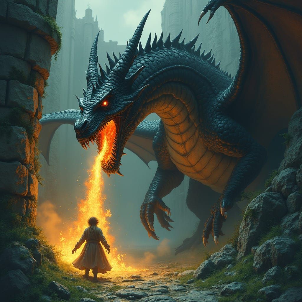 Dragon Engulfs Human in Dark, Gothic Style