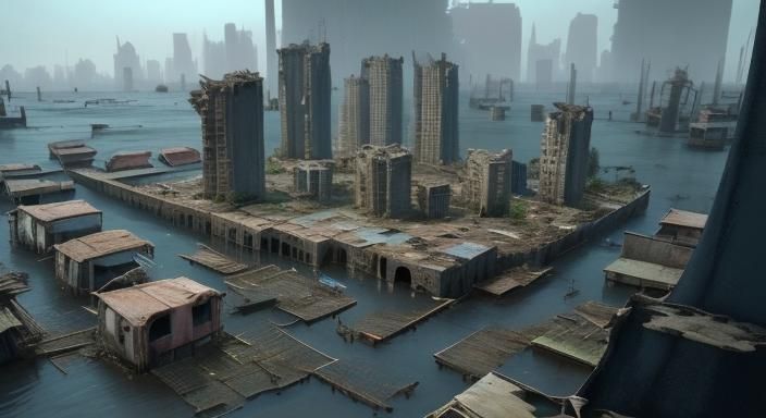 Flooded City Ruins: A Post-Apocalyptic Shanty Town
