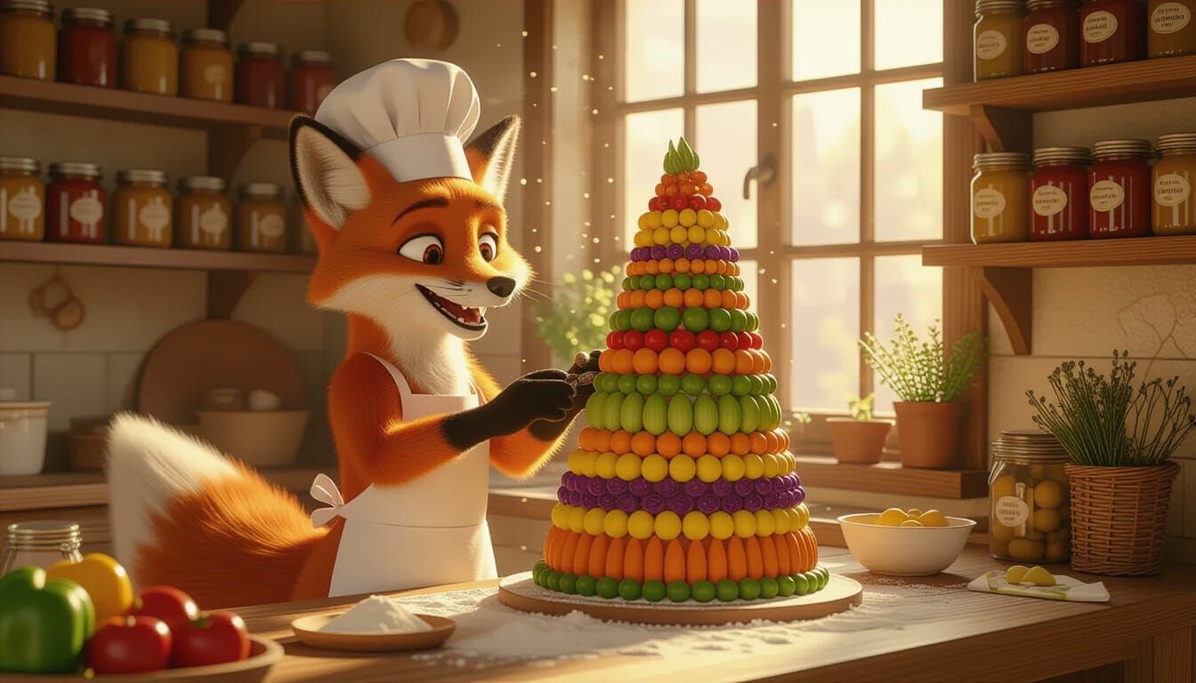 Anthropomorphic Fox Baker Decorates Vegetable Cake