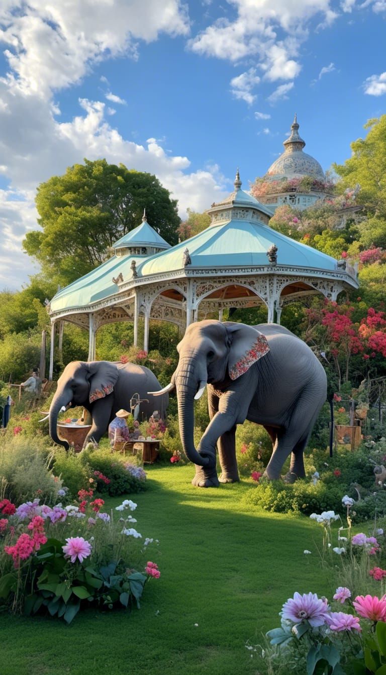 Elephants' Tea Party: Ink Drawing in Flower Garden