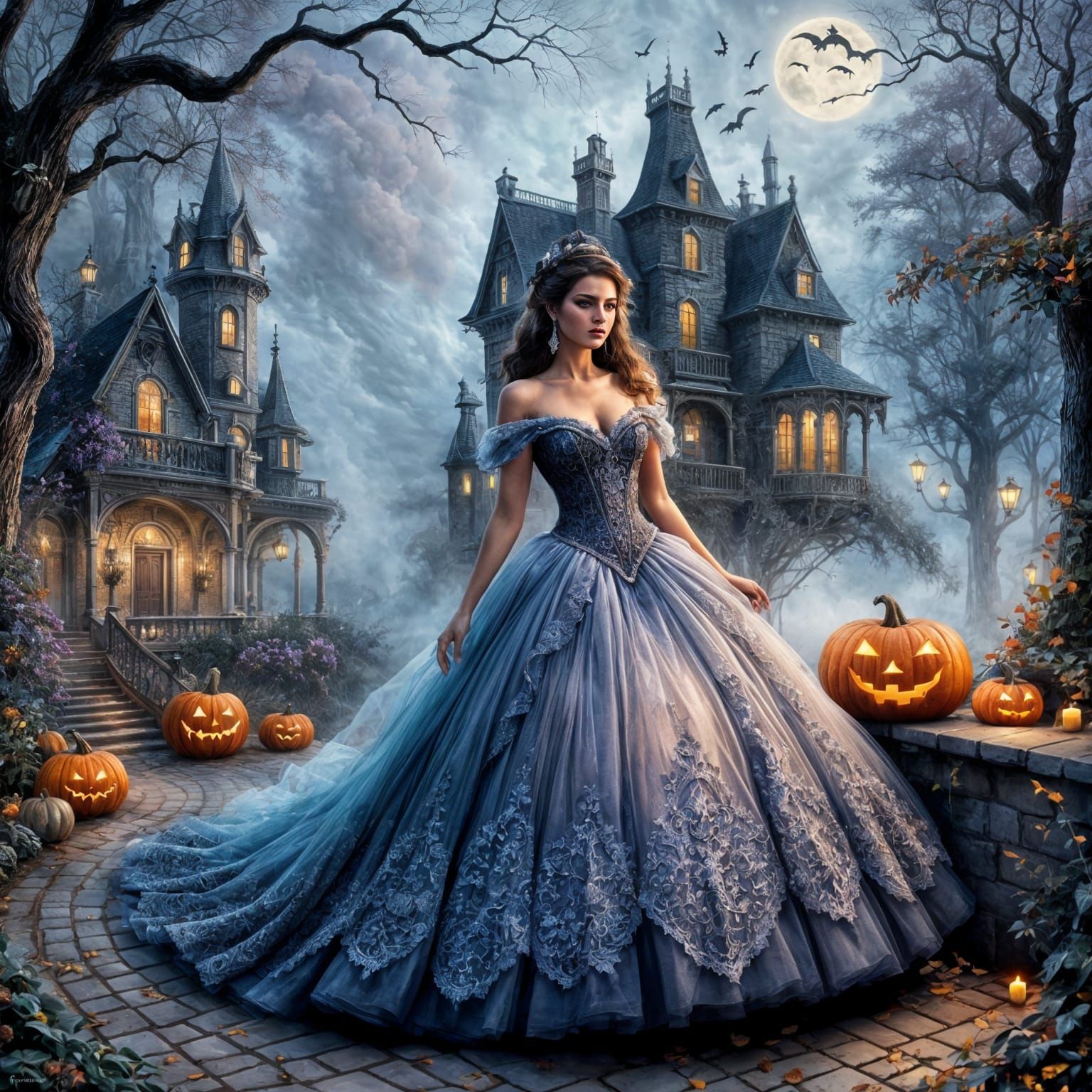 Ethereal Halloween Bride in Lace Ballgown