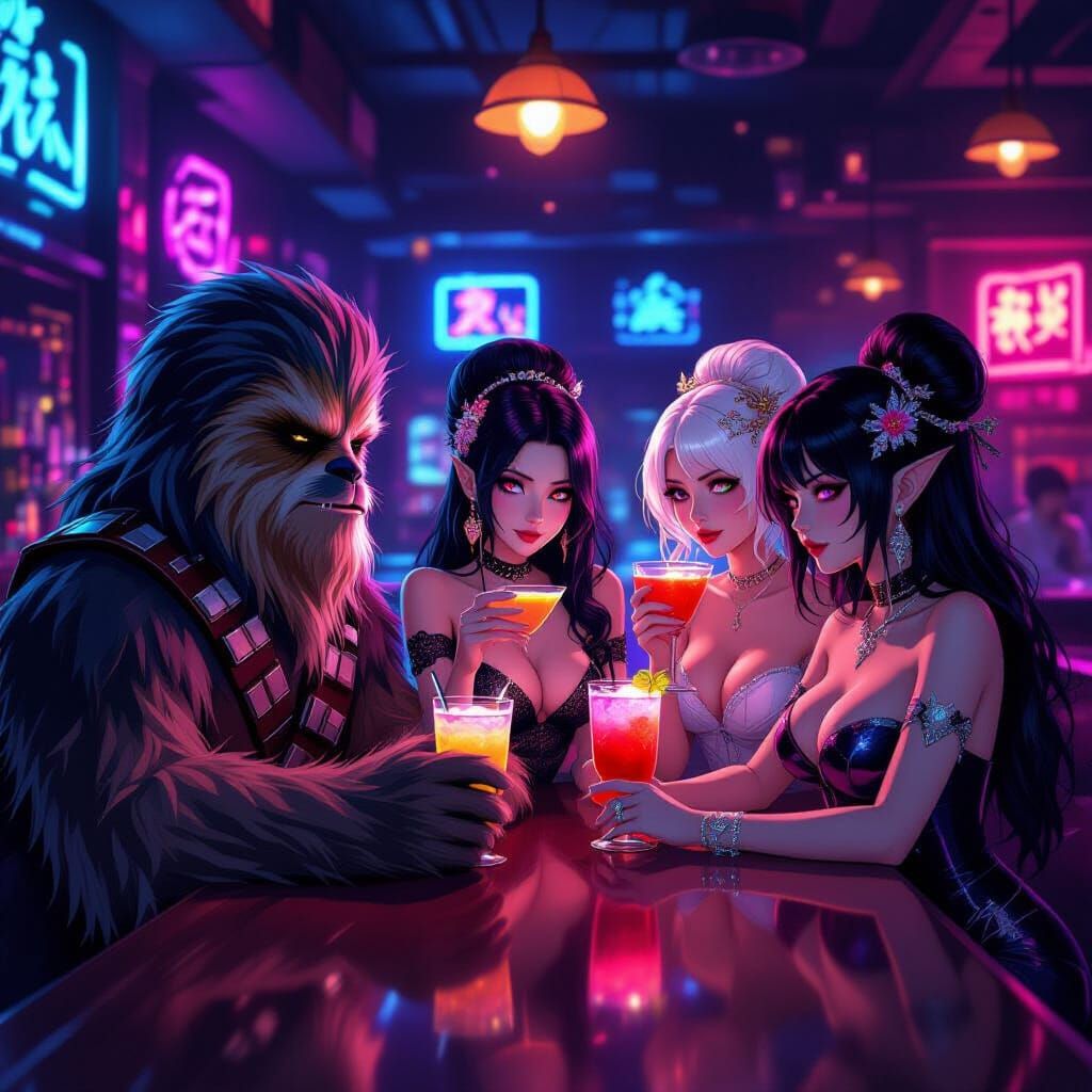 Wookie and Alien Women at Bar in Anime Style
