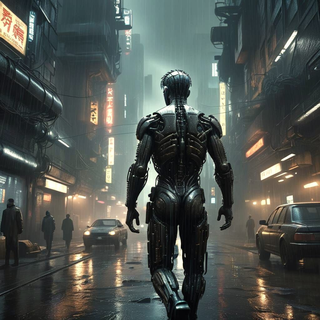 Cyberpunk Cityscape with Cybernetic Brain