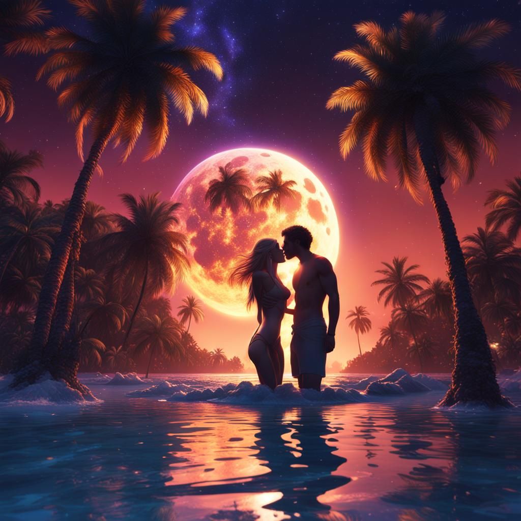 Bikini Models Kissing Under Palm Tree at Night