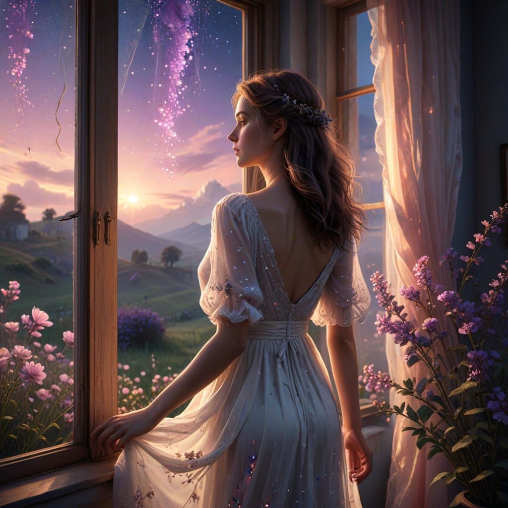 Dreamy Woman in a Field of Flowers Under Starry Skies