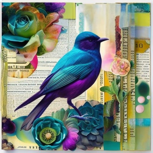 Intricate Mixed Media Collage with Bird Focal Point