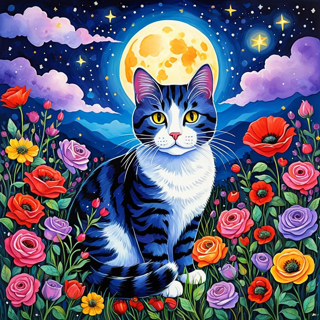 Zentangle Cat in Floral Field Under Moon, Naive Art