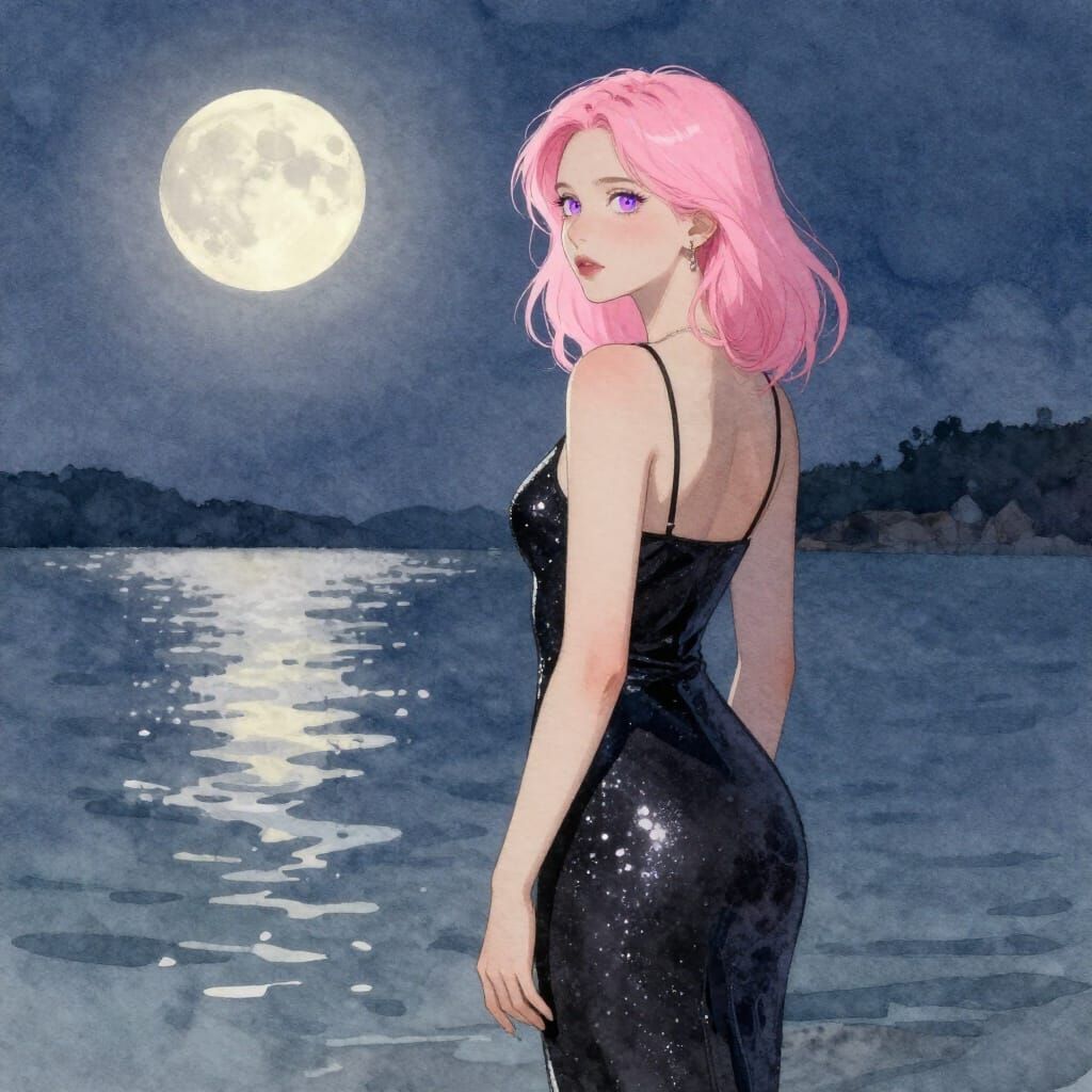 Woman in Black Dress Watches Full Moon in Watercolor Style