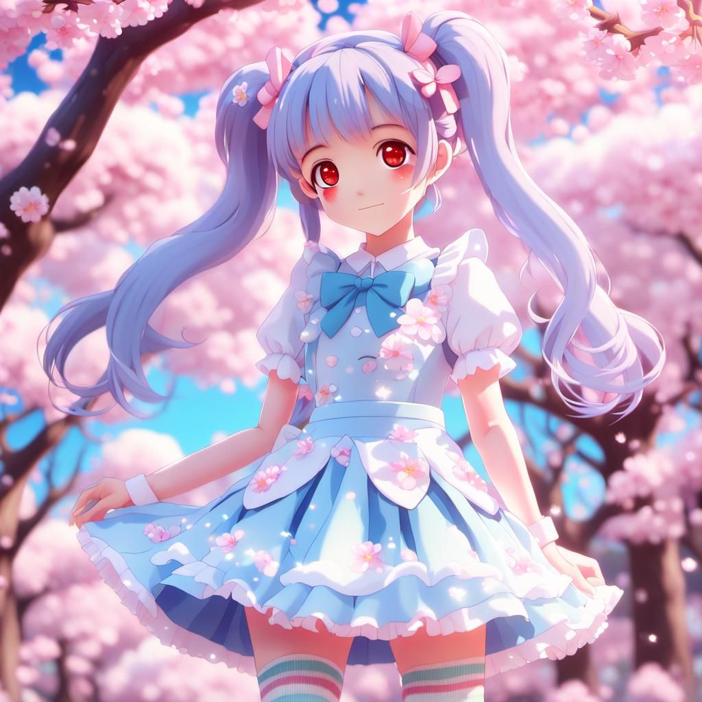 Pastel Kawaii Anime Character Amidst Cherry Blossoms