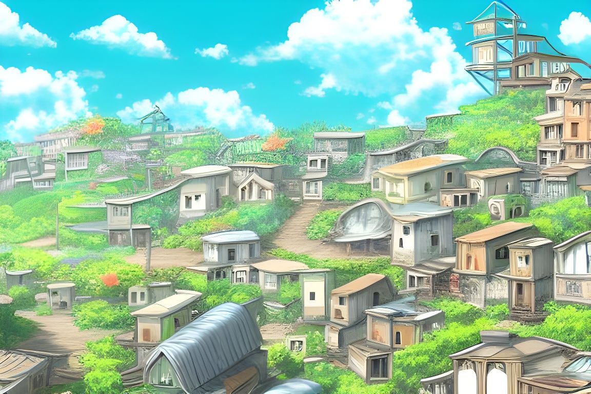 Anime Mining Town with Overgrowth in Detailed Style