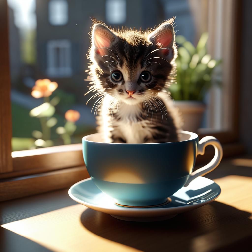 Kitten in Teacup: Hyperrealistic 3D Render