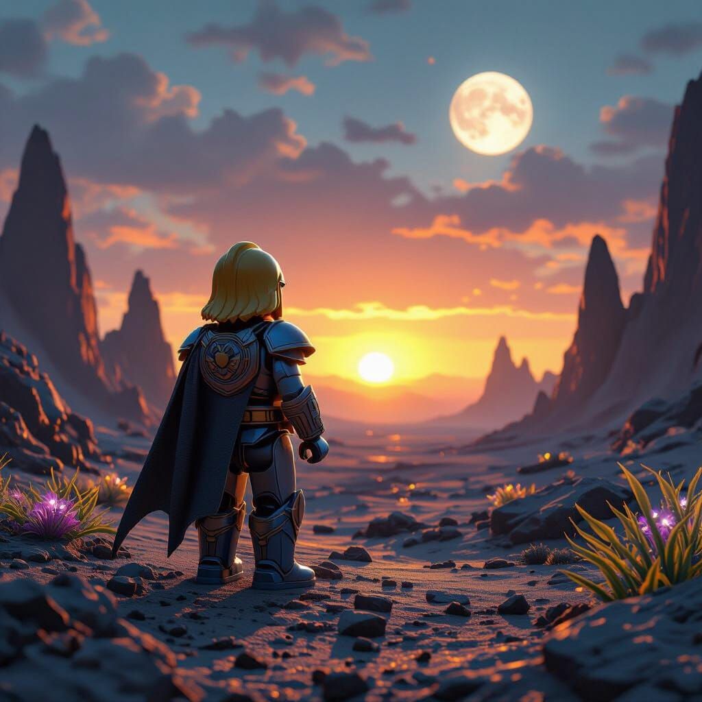 Lego He-Man on Alien Planet at Sunset