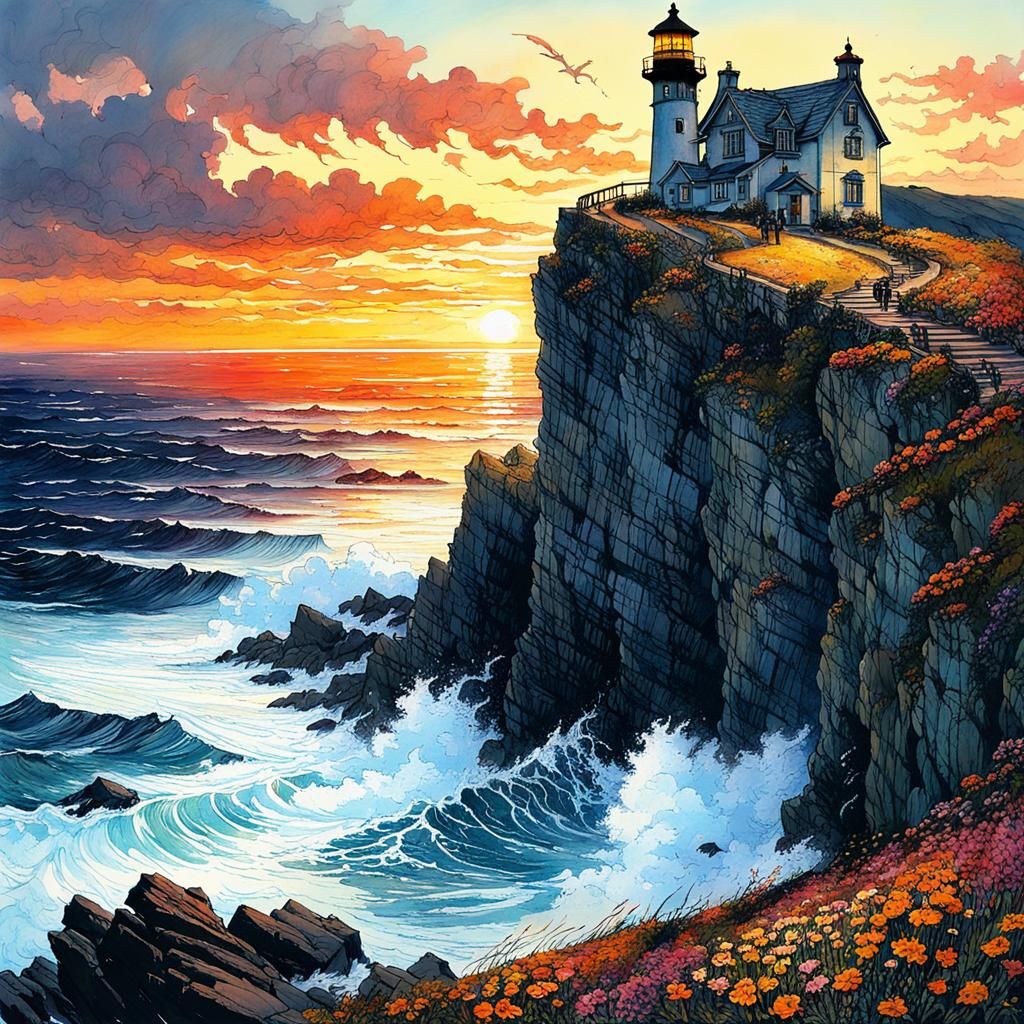 Lighthouse on Cliff at Sunset in Dramatic Style