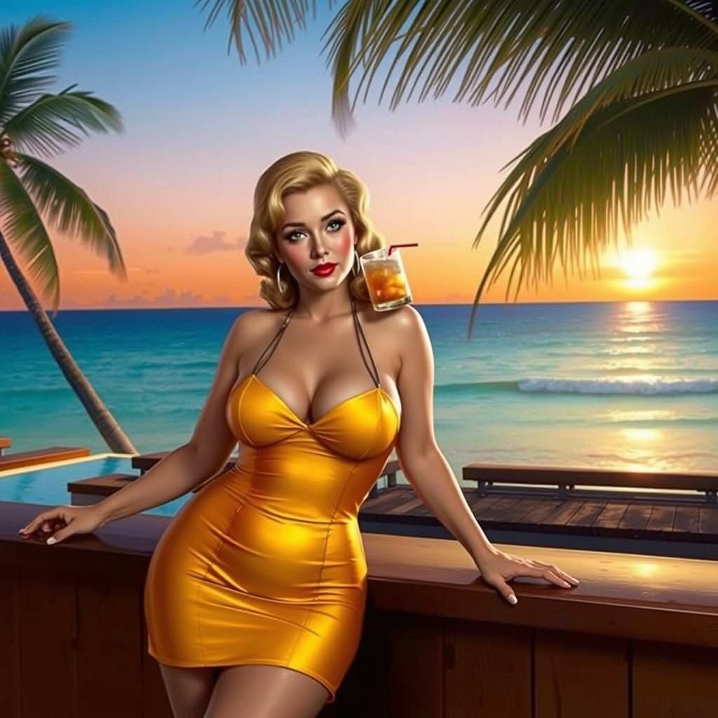 Voluptuous Pin-Up Girl at Beach Bar in Pin-Up Style