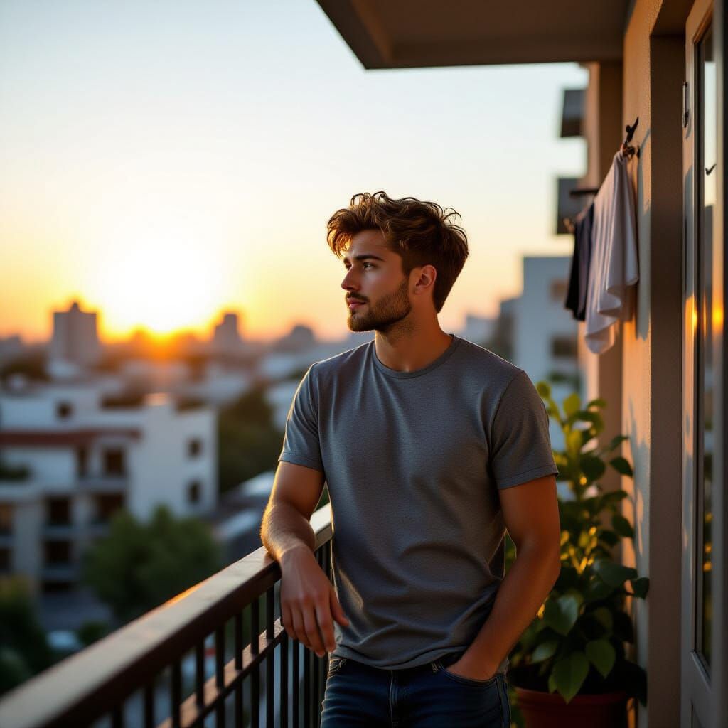 Young Man Contemplates Cityscape at Golden Hour