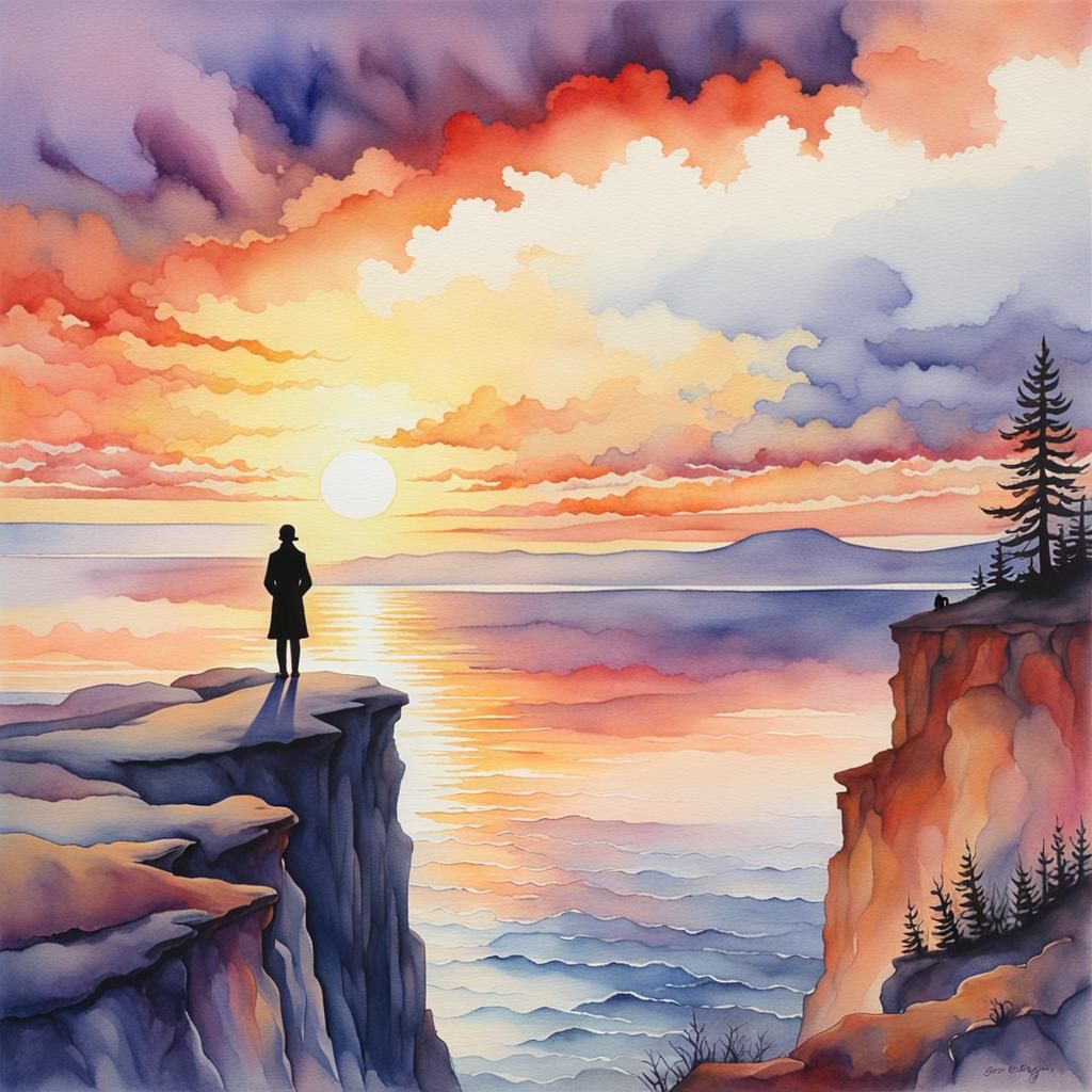 a watercolor painting of a solitary figure standing on the e...