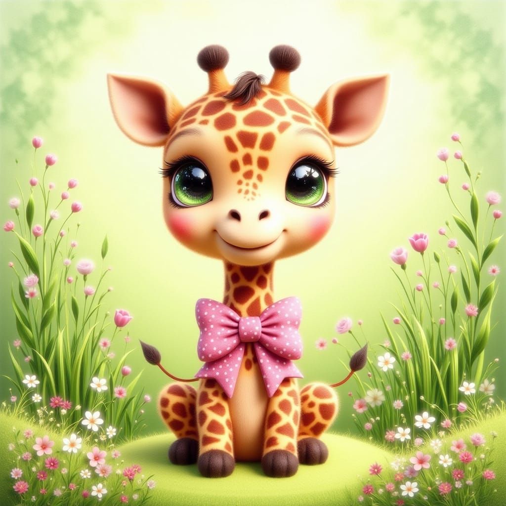 Fuzzy Baby Giraffe Wearing Pink Bow in Lush Landscape