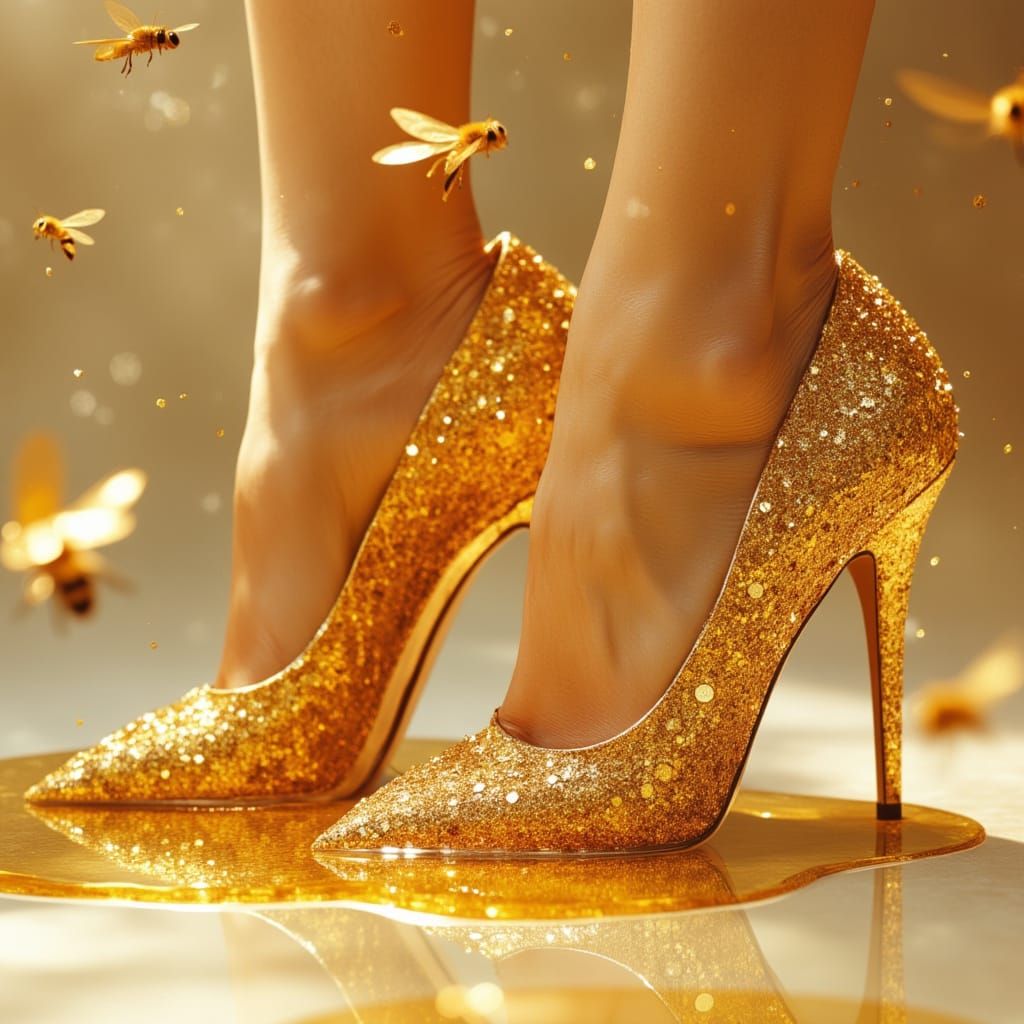 Honey-Covered Heels with Bees, Photorealistic Style