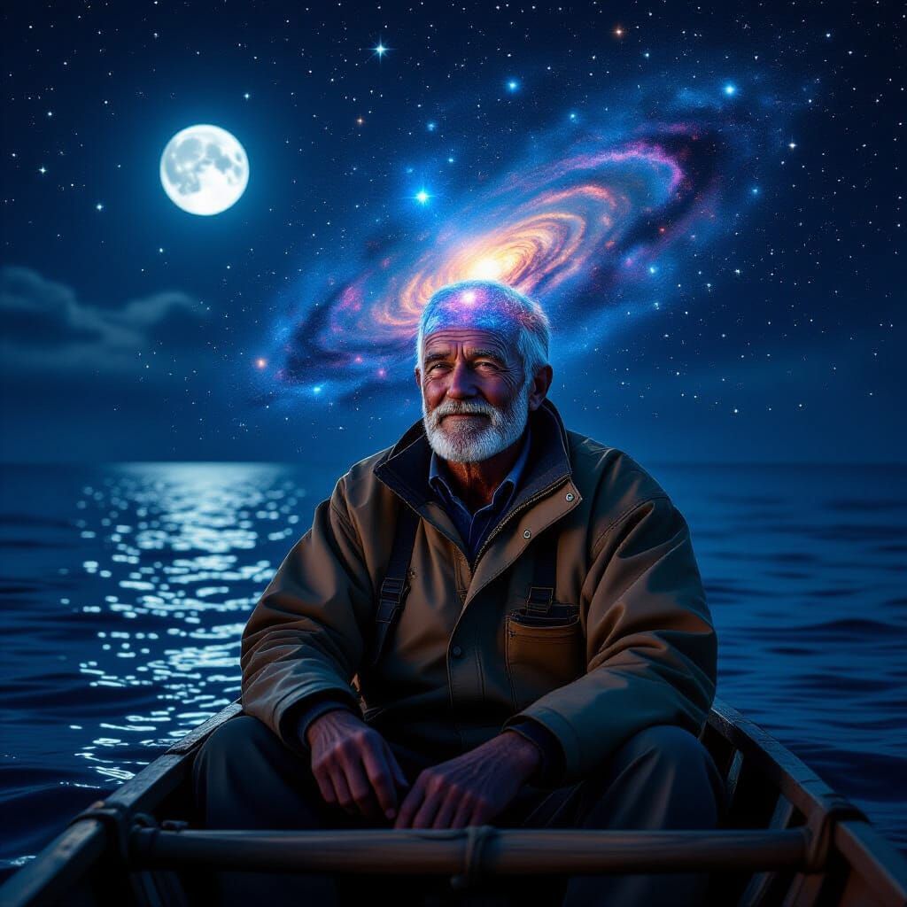 Weathered Fisherman with Cosmic Nebula Brain