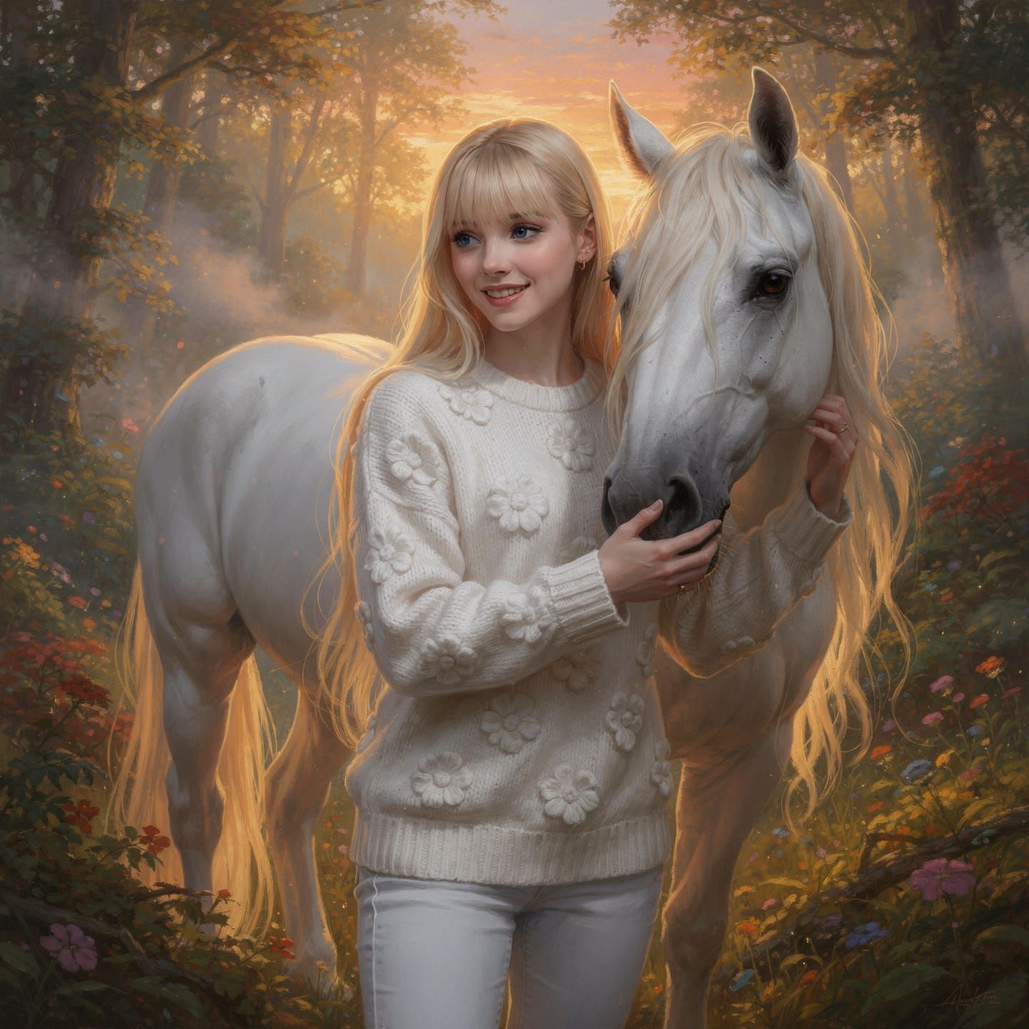 Woman with Mare at Sunset, Hyperrealistic Splash Art