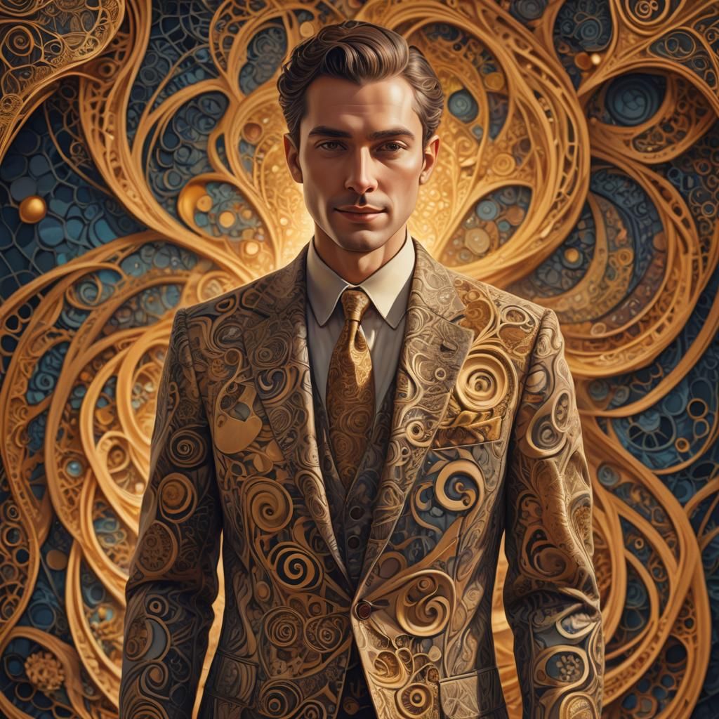 Mysterious Man in Surreal Dreamscape with Abstract Patterns