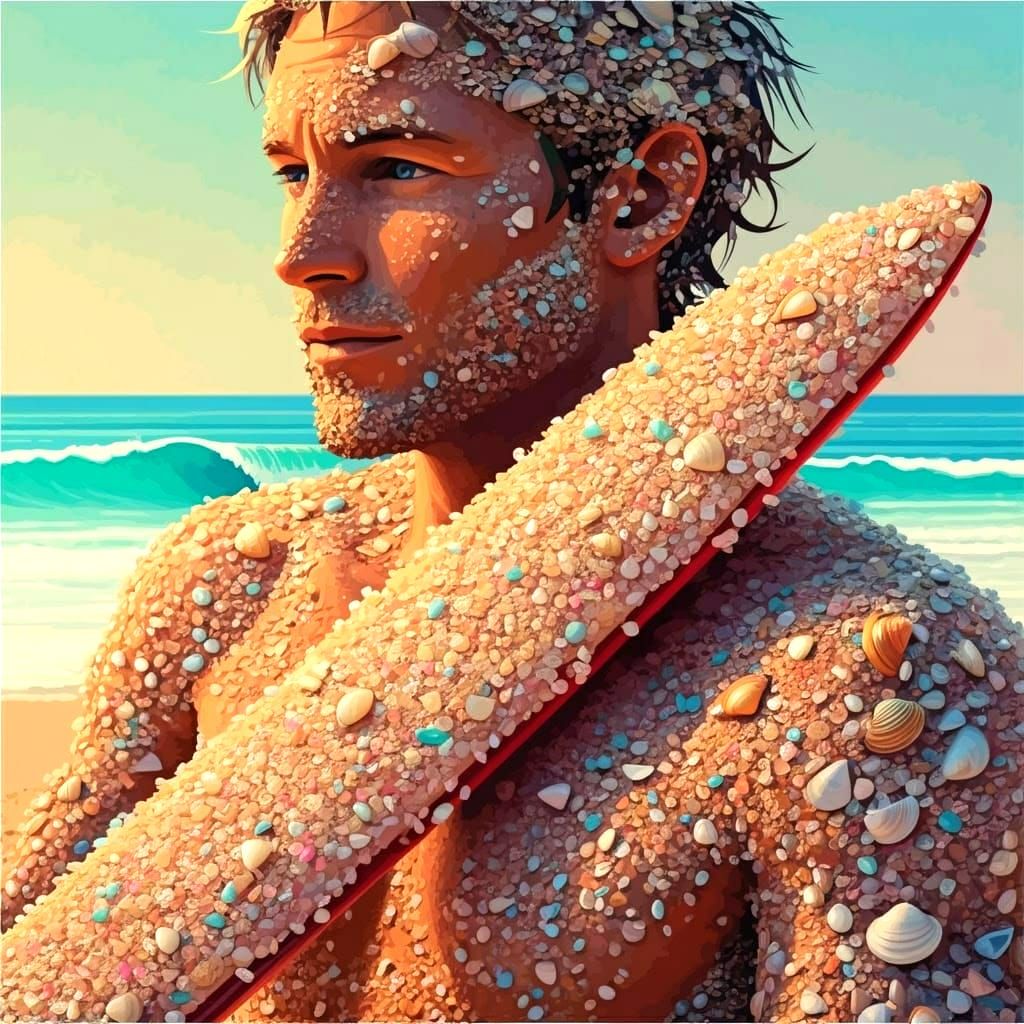 Vibrant Pointillism Portrait of a Surfer at Shelly Beach