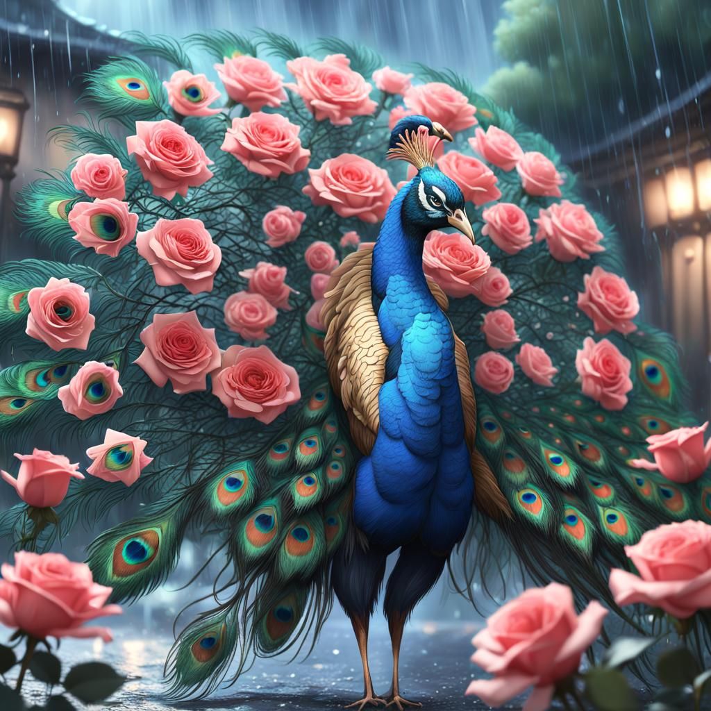 Peacock feathers, roses, rain