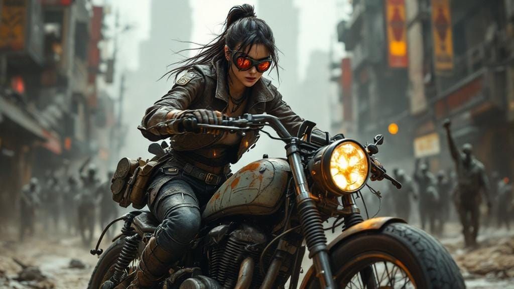 Post-Apocalyptic Warrior Rides Through Ruined City