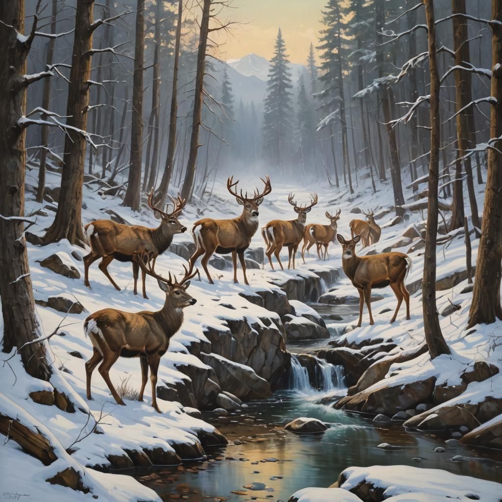 Deer Foraging in Winter Mountains: Oil Painting