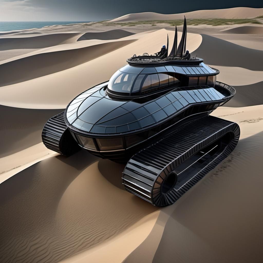 Futuristic Terrestrial Vehicle Traversing Dune Sea