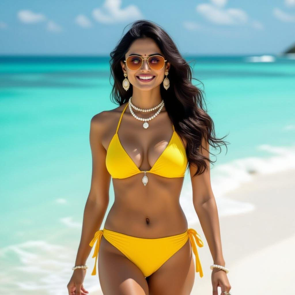 Indian Beauty on Beach in Yellow Bikini