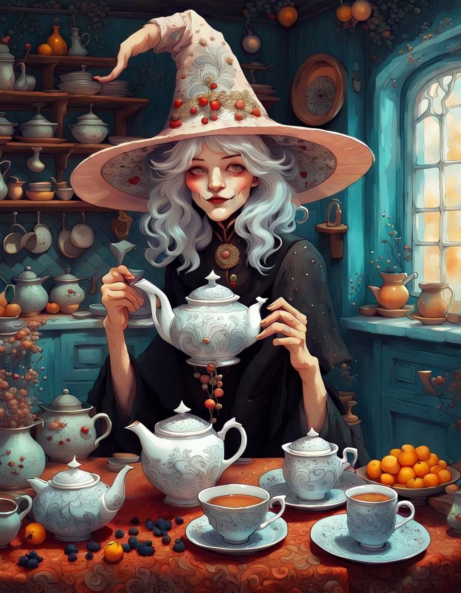 Whimsical Silver-Haired Witch in Detailed Kitchen