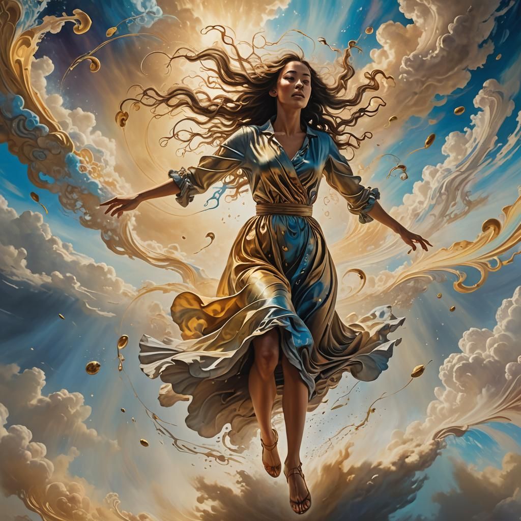 Woman Running in Dreamlike Sky, Hyperrealistic Splash Art