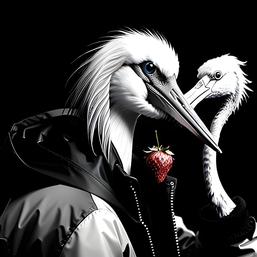 Stork in Jacket Eating Strawberry, Monochrome Art