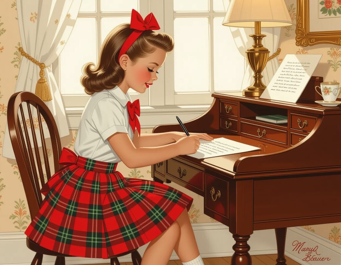 1950s Cheerleader Writing Letter in Pin-Up Style