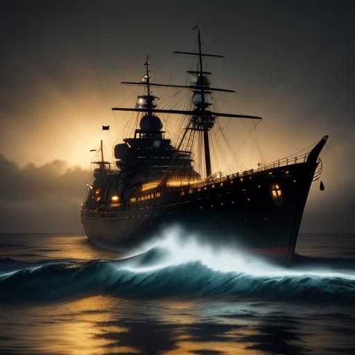 Black Pearl in Moonlit Caribbean Bay: Hyperrealistic Film St...