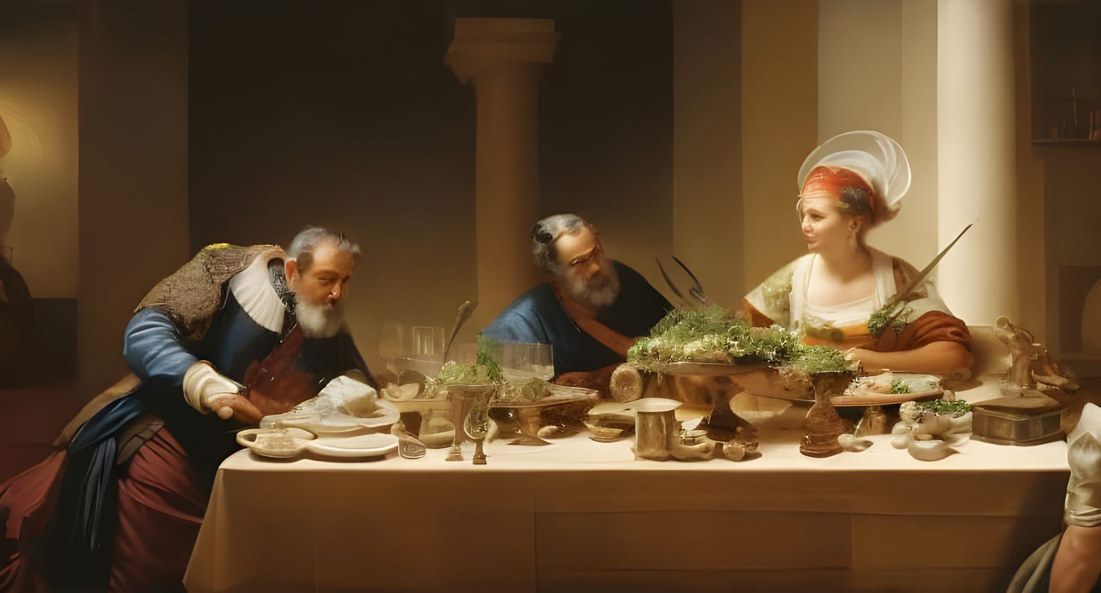 Historical Figures Fine Dining, Hyperreal Digital Art