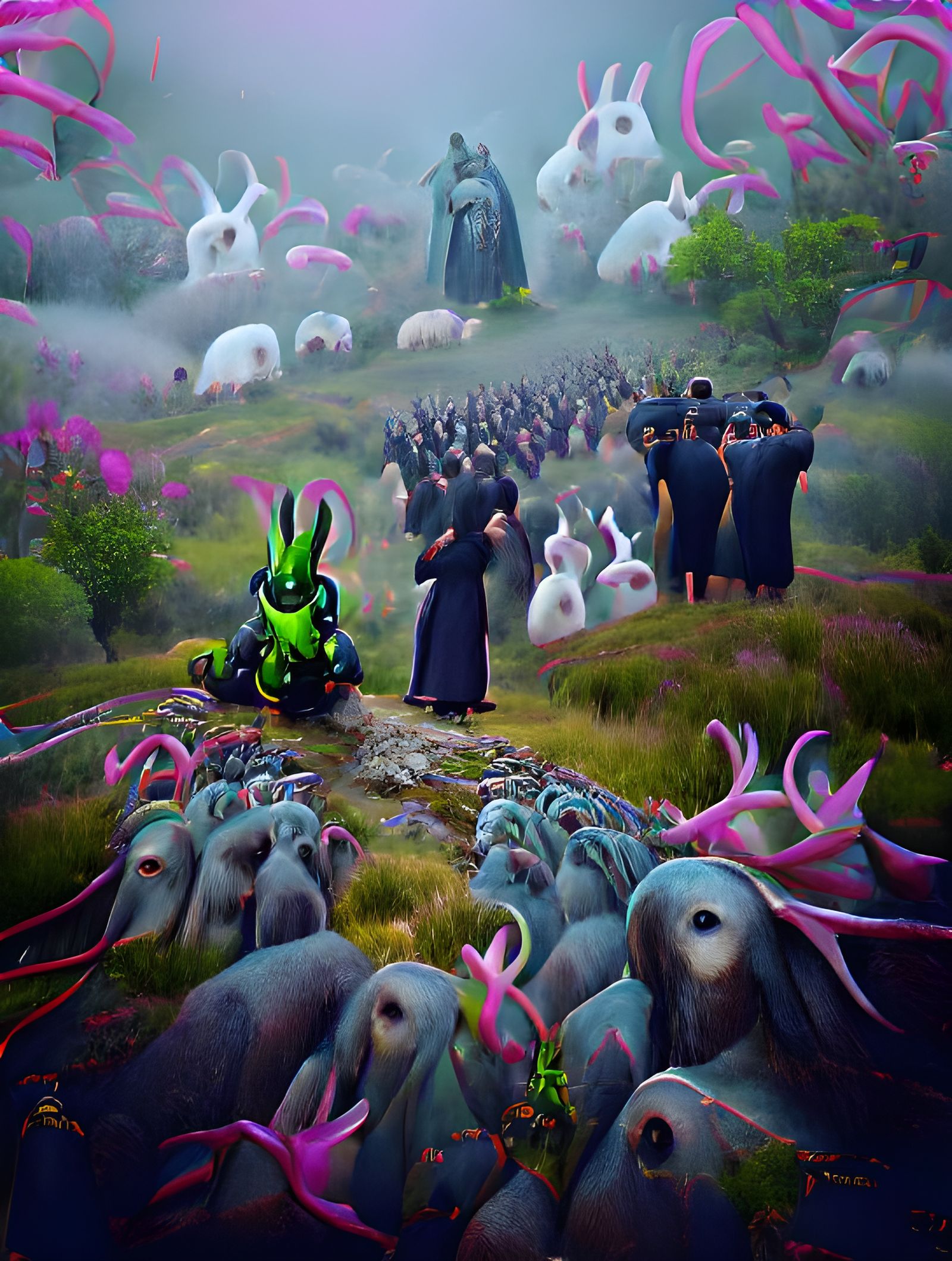Surreal Bunny Priest Leading His Flock