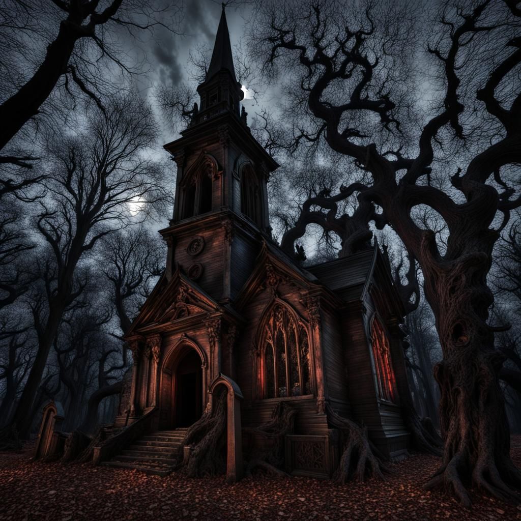 Creepy Church in Forest at Midnight: Hyperdetailed Rendering