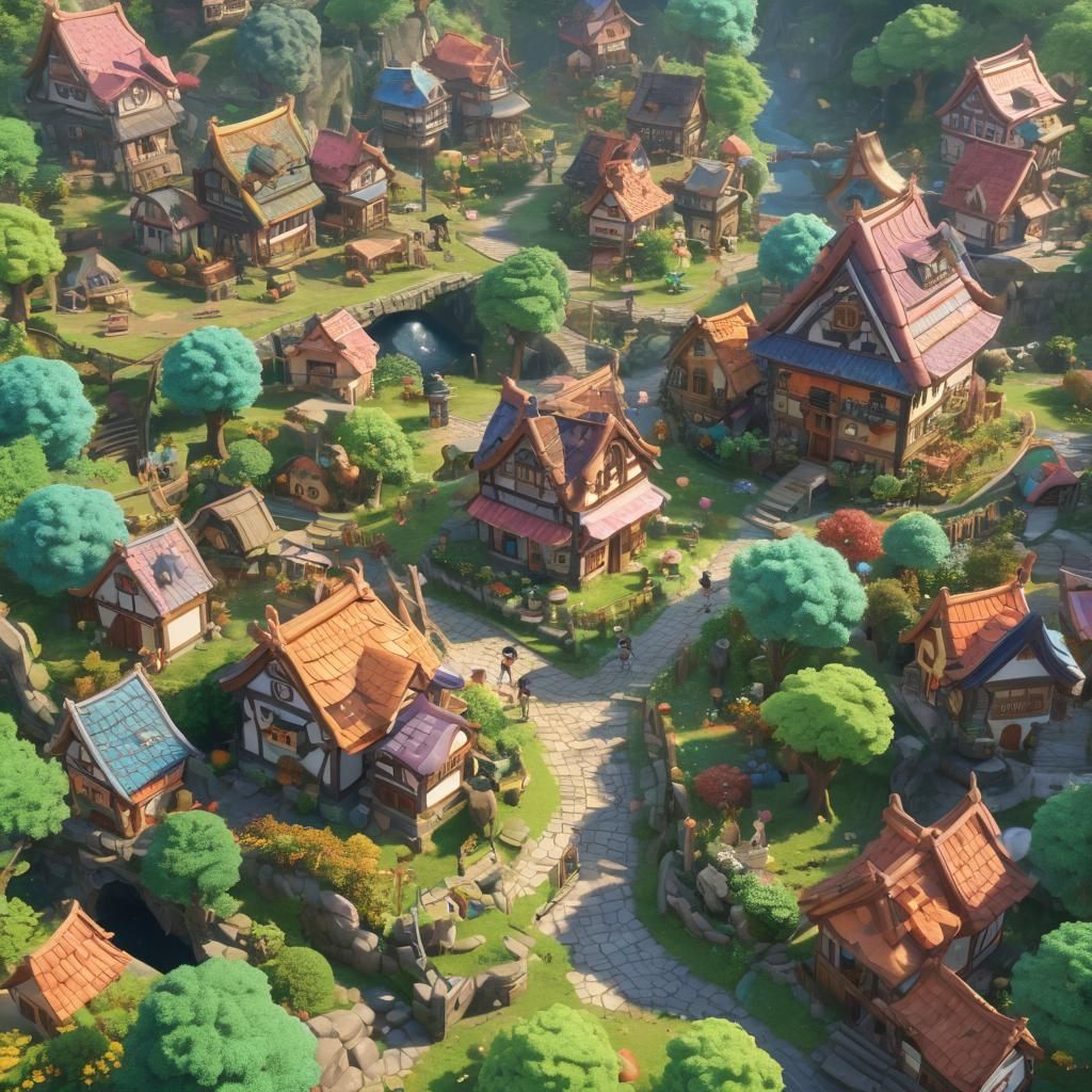 Lively Anime Village with Furry Monsters in 3D