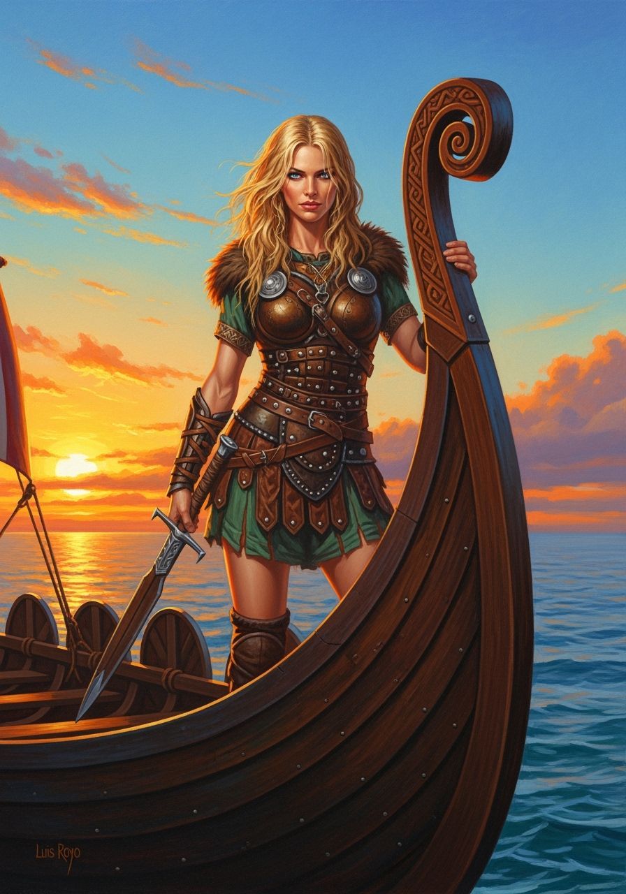 Viking Queen on Longboat, in Oil Painting Style